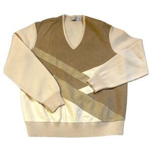 Vintage St. Croix Knits Wool & Ultrasuede V-neck Pullover Sweater Tan Medium